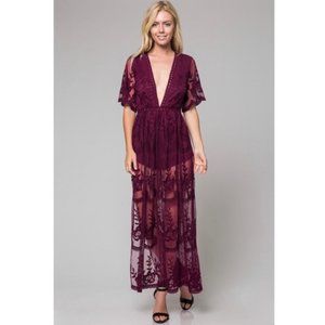Honey Punch Women's Burgundy Lace Romper Maxi Dress Size Small ID5009C V Neck